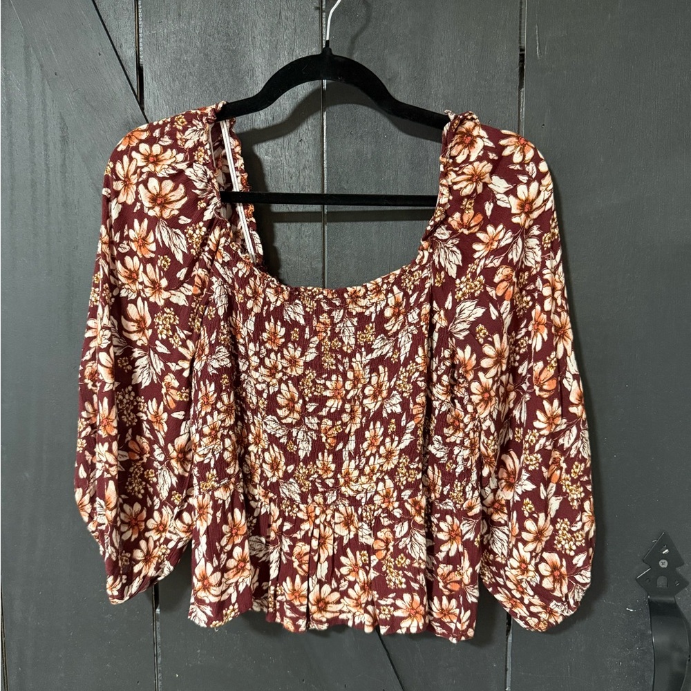 American Eagle Outfitters Burgundy Floral Peasant Blouse